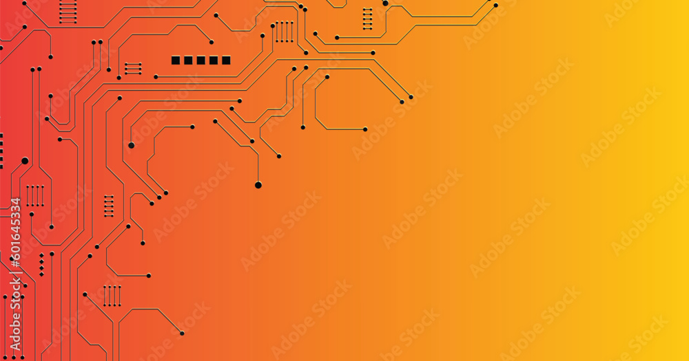 Circuit board technology on yellow background. Vector abstract technology illustration Circuit board on yellow, orange background.High-tech circuit board connection system concept. Circuit board technology on yellow background. Vector abstract technology illustration Circuit board on yellow, orange background.High-tech circuit board connection system concept.