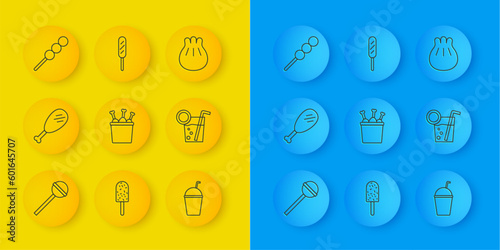 Set line Lollipop, Chicken leg, in package box, Milkshake, Cocktail, Meatballs on wooden stick, Khinkali cutting board and Corn dog icon. Vector