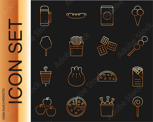 Set line Lollipop, Doner kebab, Meatballs wooden stick, Soda can with straw, Potatoes french fries in box, Cotton candy, Thermos container and Cracker biscuit icon. Vector