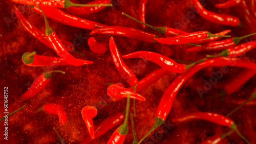 Chilli peppers flying up in the air. Freeze motion. Isolated on black background.