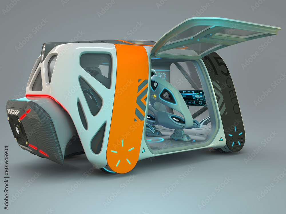 Fototapeta premium Transport of the future. Car flying above the ground, against a foggy horizon, the concept of a flying car Possible. Individual design. Designed for multiple passengers. 3D illustration.