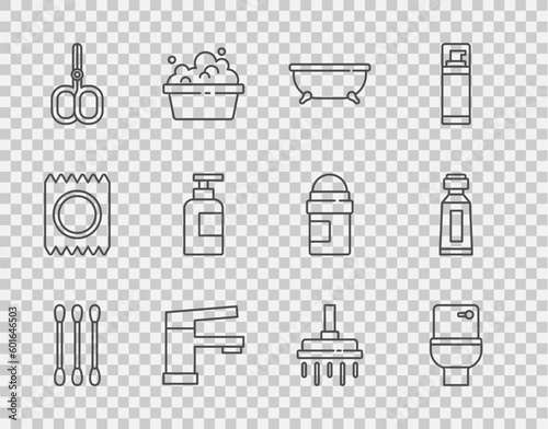 Set line Cotton swab for ears, Toilet bowl, Bathtub, Water tap, Nail scissors, Bottle of shampoo, Shower head and Tube toothpaste icon. Vector
