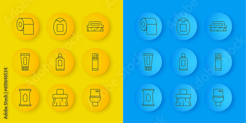 Set line Wet wipe pack, Tube of toothpaste, Bottle for cleaning agent, Toilet bowl, Shaving gel foam, paper roll, Brush and shampoo icon. Vector