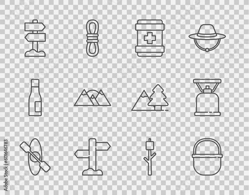 Set line Kayak or canoe, Camping pot, First aid kit, Road traffic signpost, Mountains, Marshmallow on stick and gas stove icon Fototapet