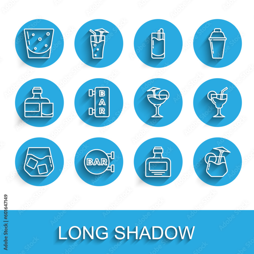 Set line Glass of whiskey, Street signboard with Bar, rum, Whiskey bottle, Cocktail, and icon. Vector Set line Glass of whiskey, Street signboard with Bar, rum, Whiskey bottle, Cocktail, and icon. Vector