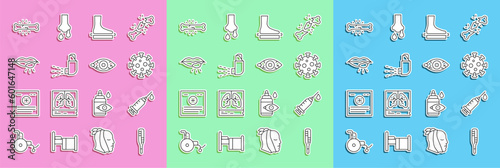 Set line Medical thermometer, Syringe, Virus, Flat foot, Inhaler, Herpes lip, Bone pain and Reddish eye icon. Vector
