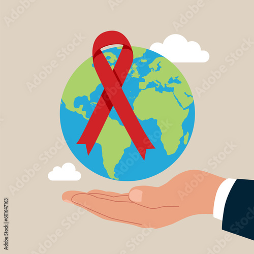 World AIDS day awareness  near our planet with red ribbon. Flat Vector Illustration