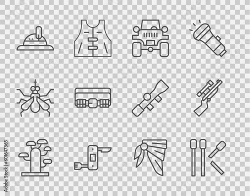 Set line African tree, Matches, Off road car, Swiss army knife, Hunter hat, Hunting cartridge belt, Bandana or biker scarf and Sniper rifle with scope icon. Vector