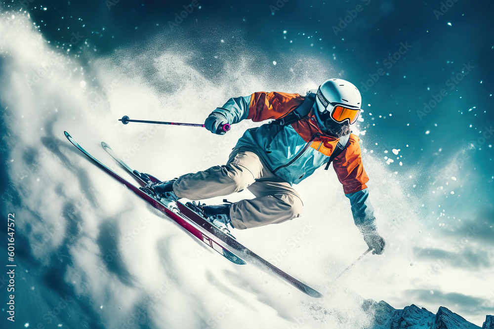 Adrenaline rush - Skier jumping and skiing down the mountain in extreme winter sports. created with Generative AI - obrazy, fototapety, plakaty 