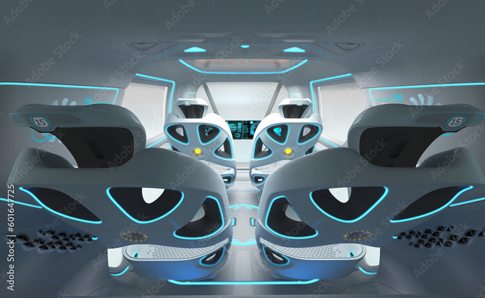 3D illustration of the cabin interior of an autonomous electric car ...