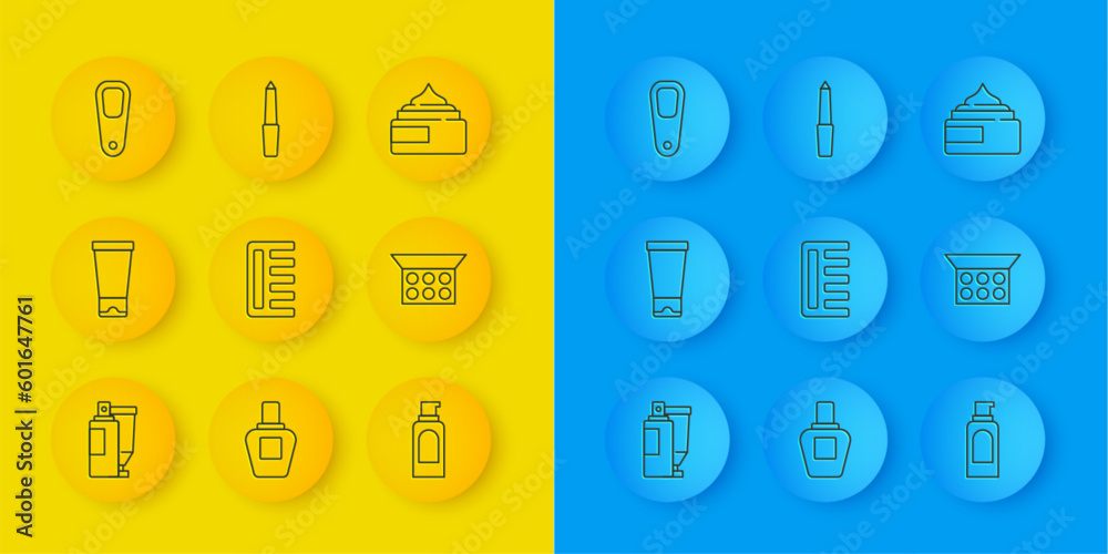 Set line Cream or lotion cosmetic tube, Hairbrush, Spray can for hairspray, Makeup powder with mirror, Pumice feet, and Nail file icon. Vector Set line Cream or lotion cosmetic tube, Hairbrush, Spray can for hairspray, Makeup powder with mirror, Pumice feet, and Nail file icon. Vector