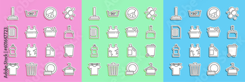 Set line Towel on hanger, Trash can, Dustpan, Washer, Basin with shirt, Laundry detergent, Rubber plunger and soap suds icon. Vector