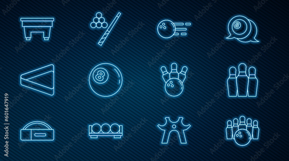Set line Bowling pin and ball, Billiard, triangle, table, and cue icon. Vector Set line Bowling pin and ball, Billiard, triangle, table, and cue icon. Vector