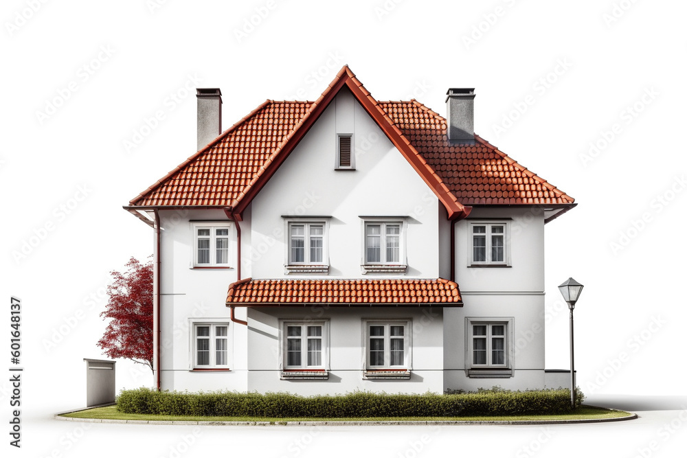 A small three dimensional house with red roof on a white background with 1 chimney