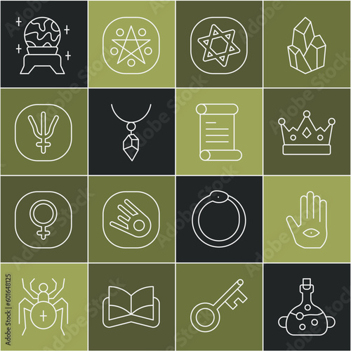 Set line Poison in bottle, Hamsa hand, King crown, Tarot cards, Necklace with crystal, Neptune planet, Magic ball and Decree, parchment, scroll icon. Vector