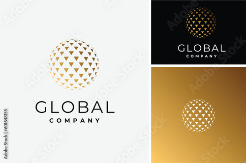 Golden globe halftone triangle like golf ball or disco light logo design	