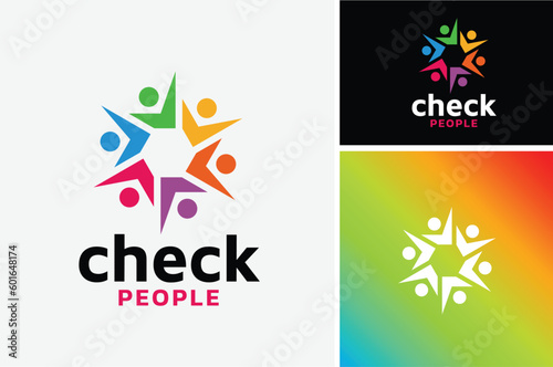 Colorful check mark logo design for human culture gathering club social, people together community teamwork	

