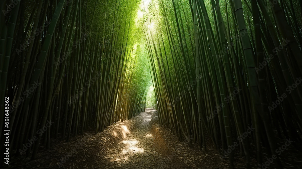 Fototapeta premium A Dense Tall Bamboo Forest Single Light Source In The Distance AI Generative