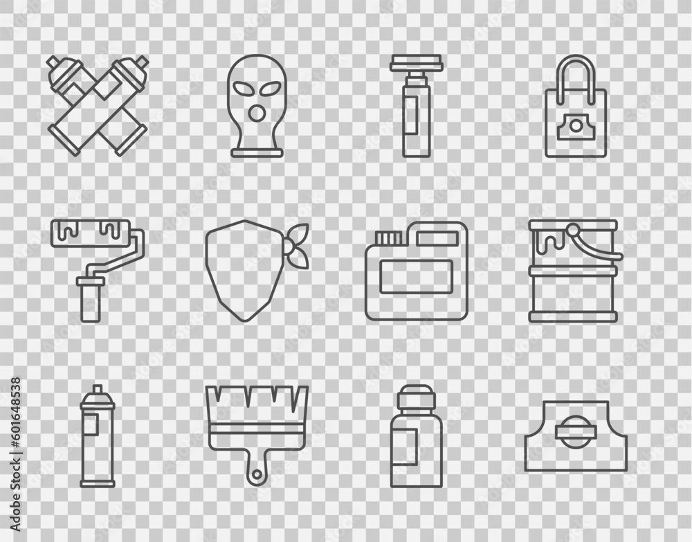 Set line Paint spray can, Spray nozzle cap, Marker pen, brush, Vandal, Paint, gouache, jar, dye and bucket icon. Vector Set line Paint spray can, Spray nozzle cap, Marker pen, brush, Vandal, Paint, gouache, jar, dye and bucket icon. Vector