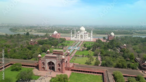 Taj Mahal, India: Aerial view of of iconic monument in city Agra (Uttar Pradesh), famous marble mausoleum on right bank of river Yamuna - landscape panorama of South Asia from above