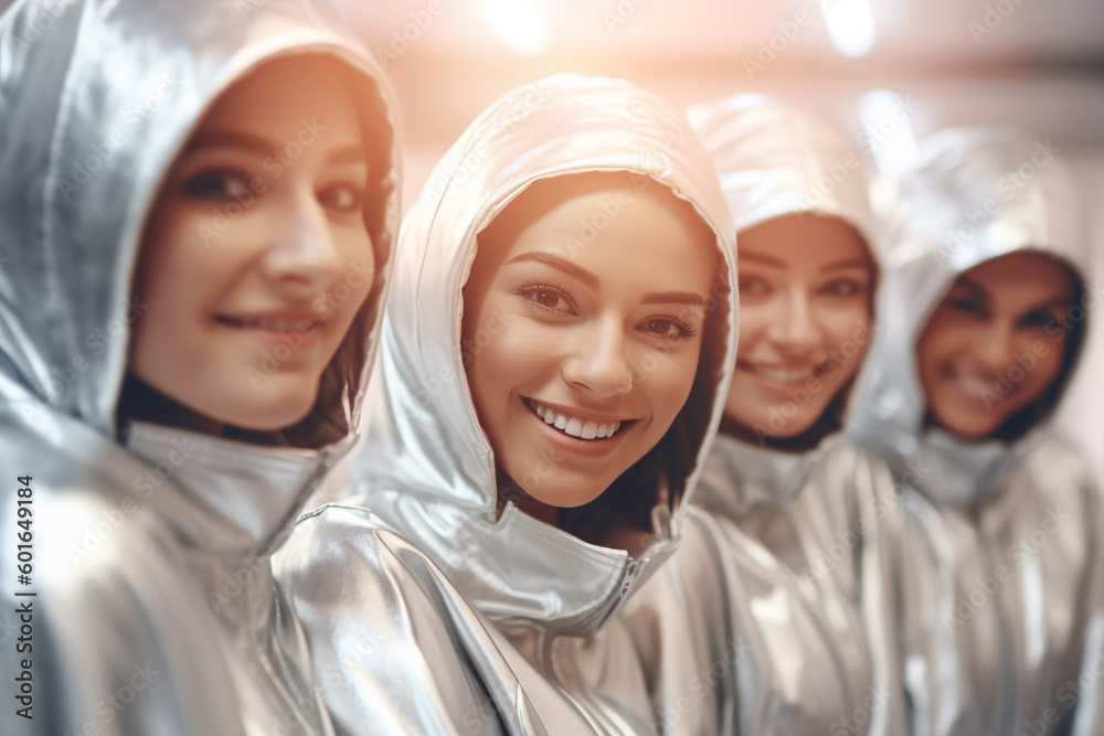 Group of a smiling girls in silver overalls with hood - ai generative Group of a smiling girls in silver overalls with hood - ai generative