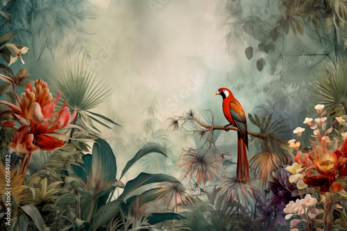 Wallpaper mir tropischen Pflanzen und Vögeln 