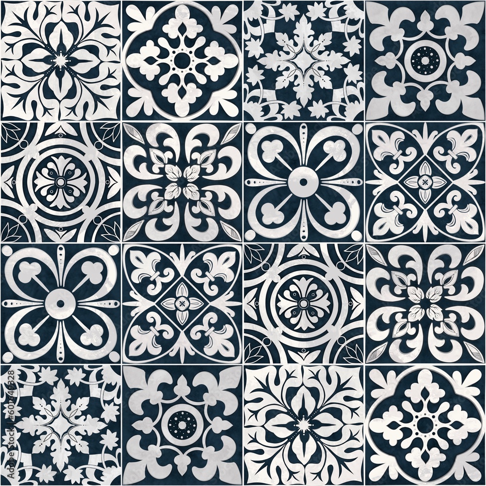 Portuguese traditional tiles Azulejos, seamless pattern design. Blue and white
