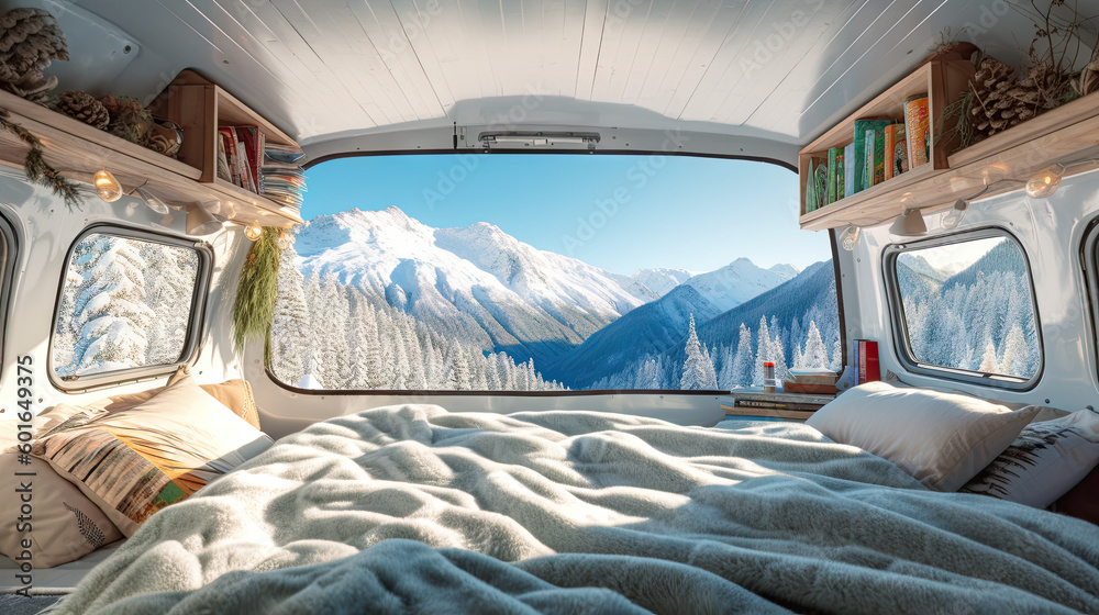 Beautiful camper van view created with Generative AI technology
 - obrazy, fototapety, plakaty 