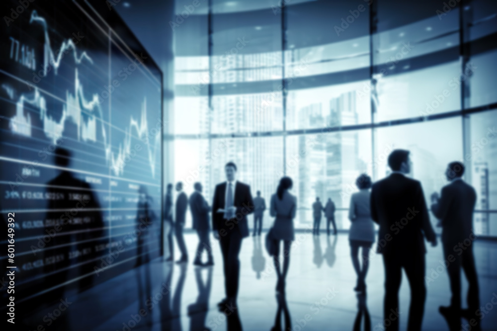 Blurred Business People in a Modern Office with Real-Time Stock Market Data.created with Generative AI Blurred Business People in a Modern Office with Real-Time Stock Market Data.created with Generative AI