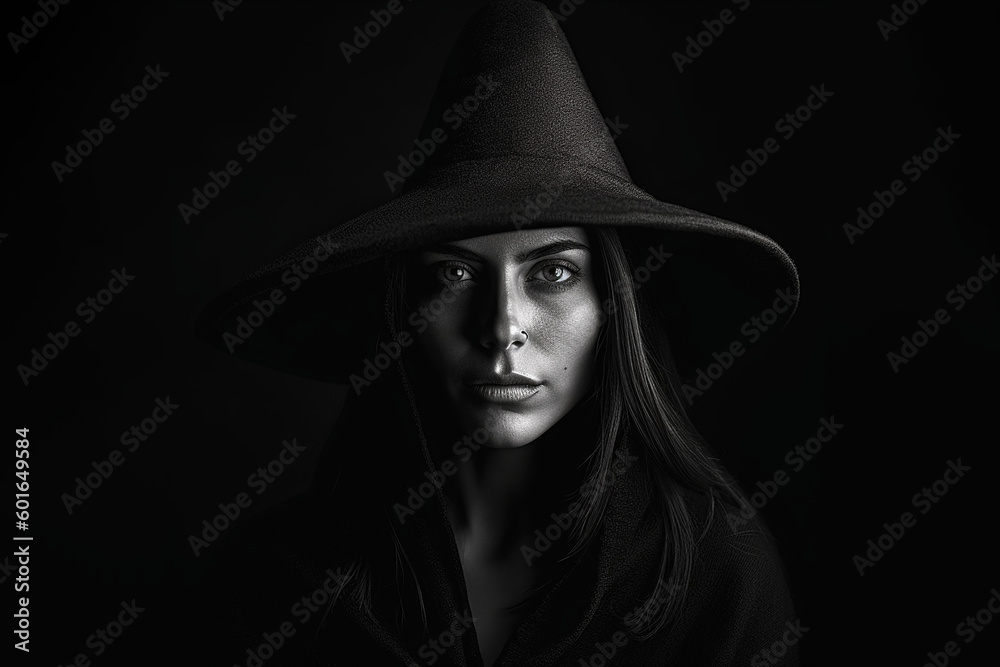 Black and white photorealistic studio portrait of a beautiful witch on black background. Generative AI illustration Black and white photorealistic studio portrait of a beautiful witch on black background. Generative AI illustration