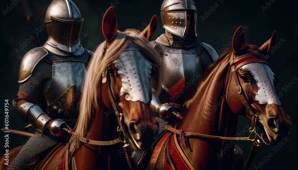 Fototapeta premium mediaeval knights on horsebacks. Generative ai