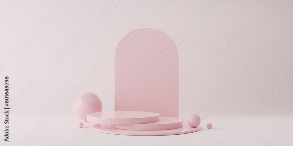 Minimal scene with podium and abstract background. Soft Pink and white colors scene. Trendy 3d render for social media banners, promotion, cosmetic product show. Geometric shapes interior
