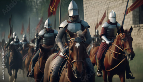 mediaeval knights on horsebacks. Generative ai