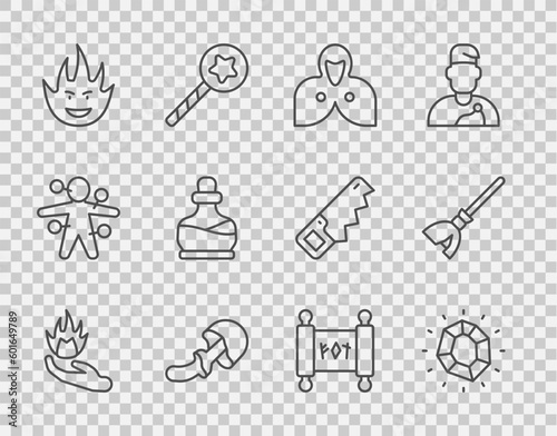 Set line Hand holding a fire, Magic stone, Mantle, cloak, cape, Psilocybin mushroom, Fire flame, Bottle with potion, scroll and Witches broom icon. Vector