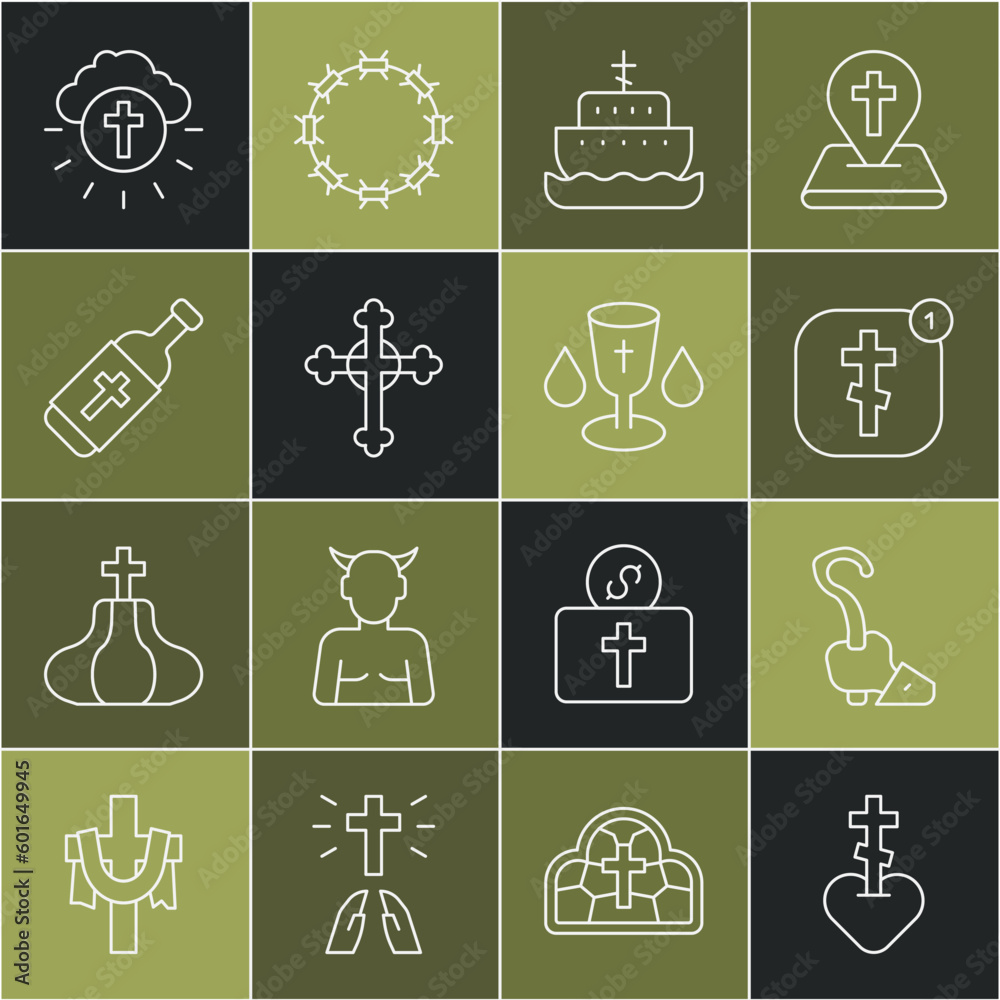 Set line Religious cross in heart, Magic staff, Online church pastor preaching, Ark of noah, Christian, Holy water bottle, circle and chalice icon. Vector Set line Religious cross in heart, Magic staff, Online church pastor preaching, Ark of noah, Christian, Holy water bottle, circle and chalice icon. Vector