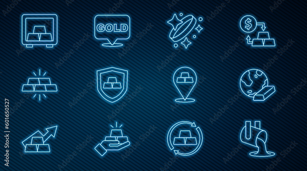 Set line Molten gold being poured, Gold bars, ring, with shield, Safe, and icon. Vector Set line Molten gold being poured, Gold bars, ring, with shield, Safe, and icon. Vector