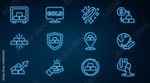 Set line Molten gold being poured, Gold bars, ring, with shield, Safe, and icon. Vector