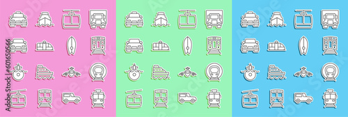 Set line Tram and railway, Train, Cable car, Car, Taxi and Surfboard icon. Vector