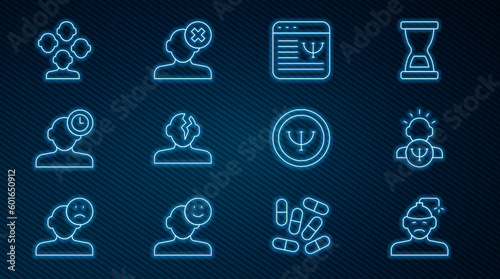 Set line Concussion, headache, Psychology, Online psychological counseling, Solution problem psychology, Insomnia, Schizophrenia, and icon. Vector