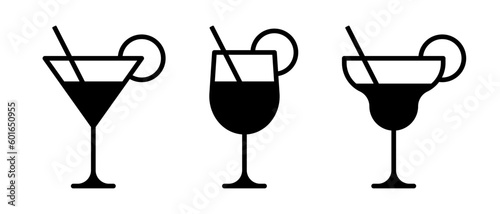Cocktail vector icon set. Drink glasses symbol. Wine, martini, margarita logo