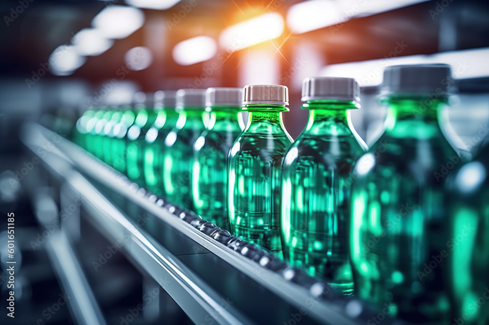 Efficient Bottling Process: Line of Beverages Bottled in Plastic, Illuminated Factory Setting. created with Generative AI