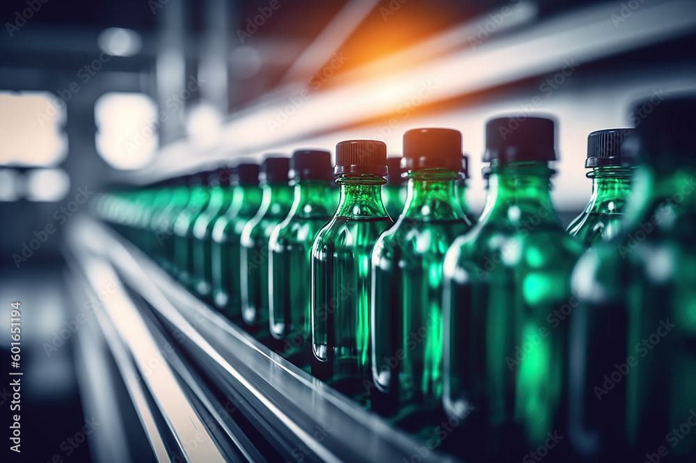 Efficient Bottling Process: Line of Beverages Bottled in Plastic, Illuminated Factory Setting. created with Generative AI
