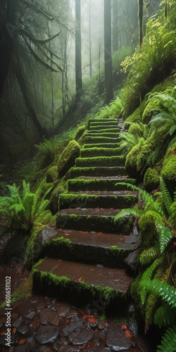 Waterfall Stone Steps Path Covered With Shamrock Clovers and Tiny Green Flowers AI Generative
