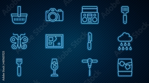 Set line Glass of whiskey with ice, Cloud rain, Home stereo two speakers, Folded map, Butterfly, Picnic basket, Knife and Photo camera icon. Vector