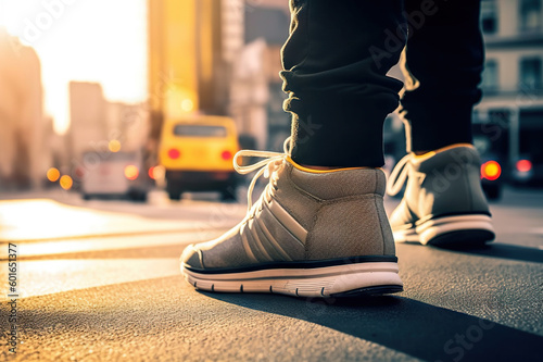 Urban Stride: Close-Up of Man's Sport Sneaker Walking on Street with Confidence. created with Generative AI photo