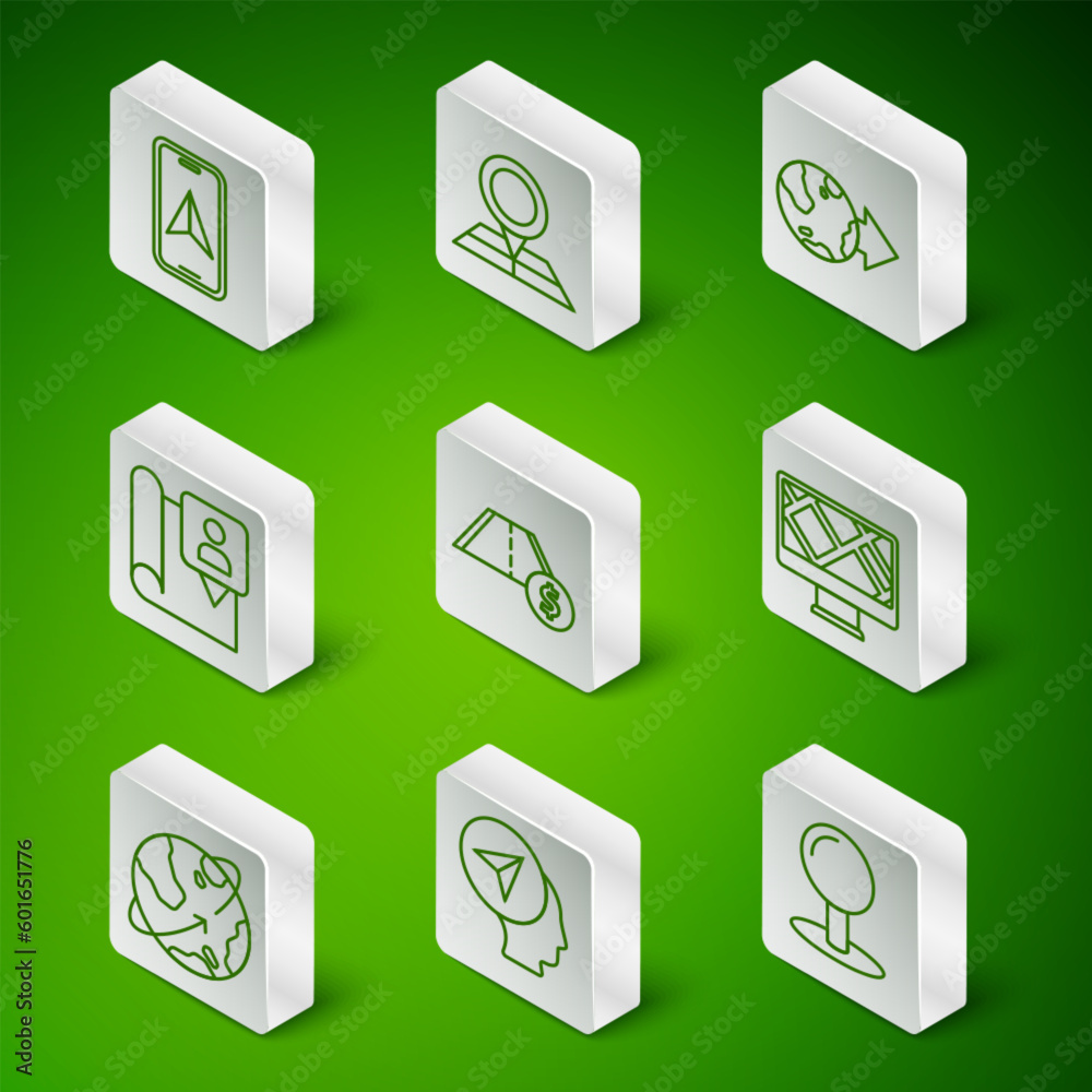 Set line Push pin, Map marker with human, City map navigation, Toll road traffic, Folded location, Satellites orbiting the Earth and Monitor icon. Vector Set line Push pin, Map marker with human, City map navigation, Toll road traffic, Folded location, Satellites orbiting the Earth and Monitor icon. Vector