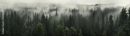 Amazing mystical rising fog black forest trees woods landscape panorama banner - Dark mood, Generative AI