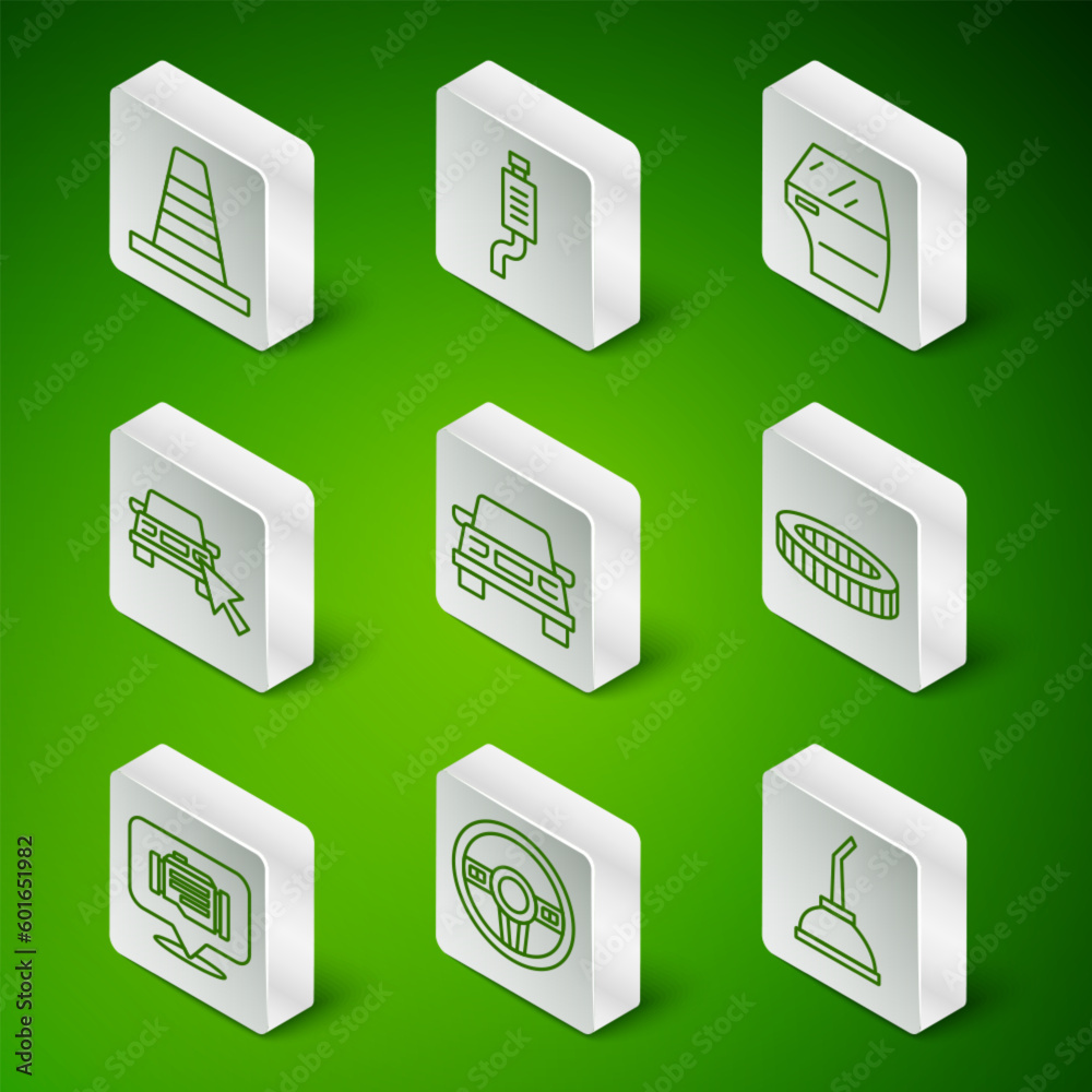 Set line Canister for motor machine oil, Steering wheel, Traffic cone, Car, Online car sharing, muffler, Check engine and air filter icon. Vector