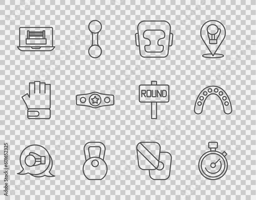 Set line Boxing glove, Stopwatch, helmet, Weight, ring, belt, training paws and Mouth guard boxer icon. Vector