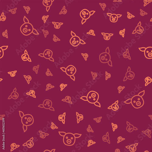 Brown line Pig icon isolated seamless pattern on red background. Animal symbol. Vector